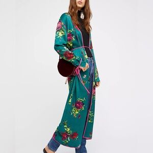 Free People Green & Pink Floral Slim Maxi Midi Length Kimono Duster Size Small S